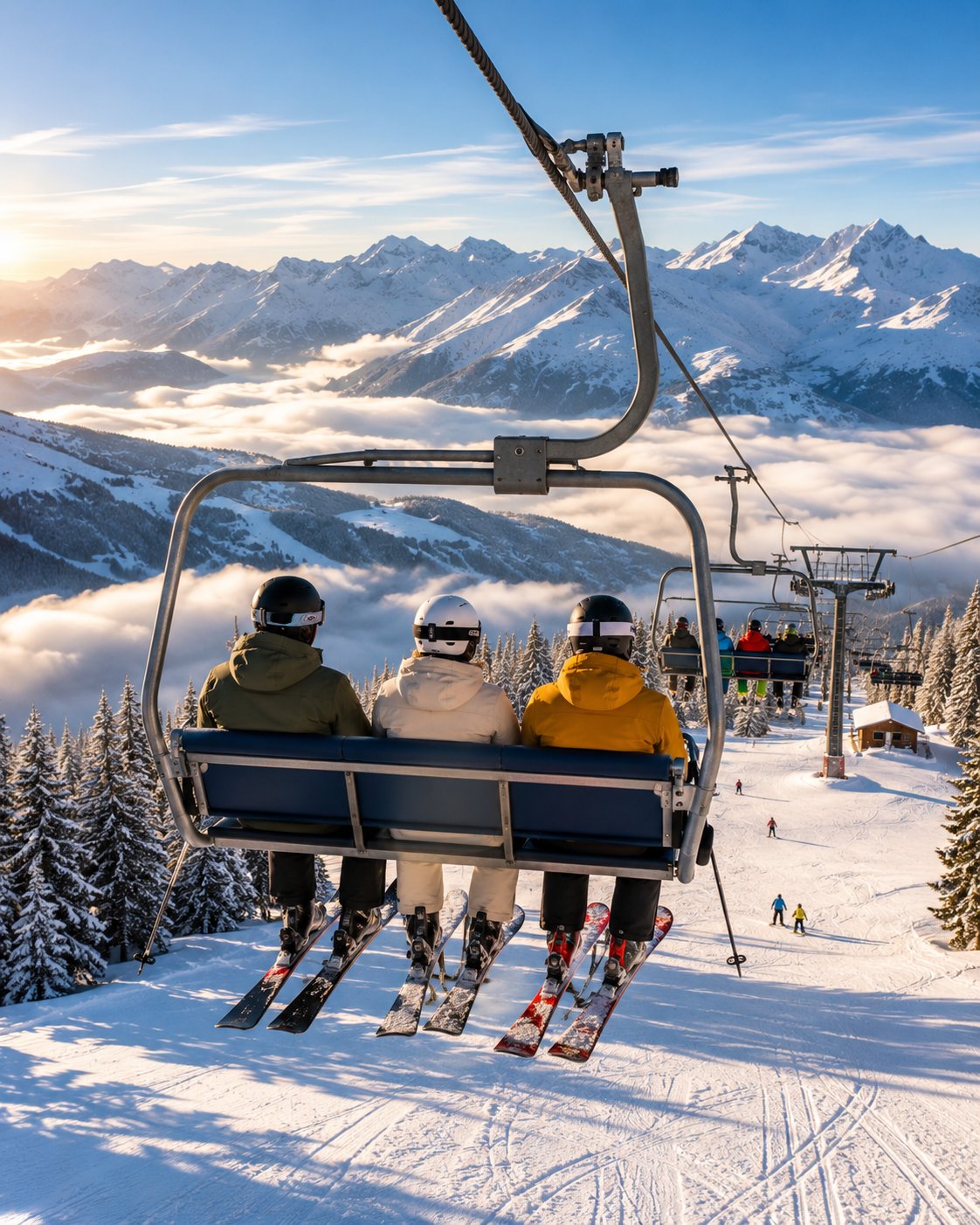 Eine Gruppe von Freunden lacht nach einem harmlosen Sturz im Schnee