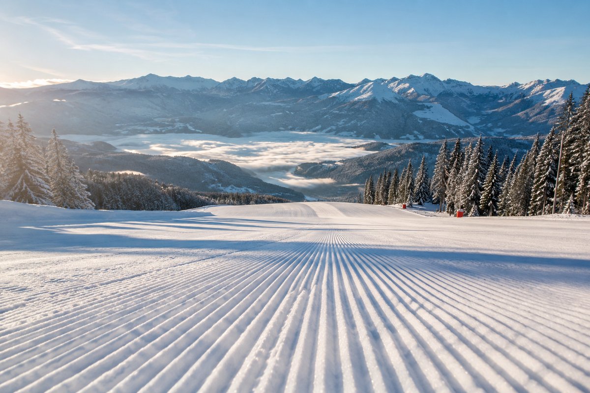 Ein Skifahrer auf einer frisch präparierten Piste am Morgen