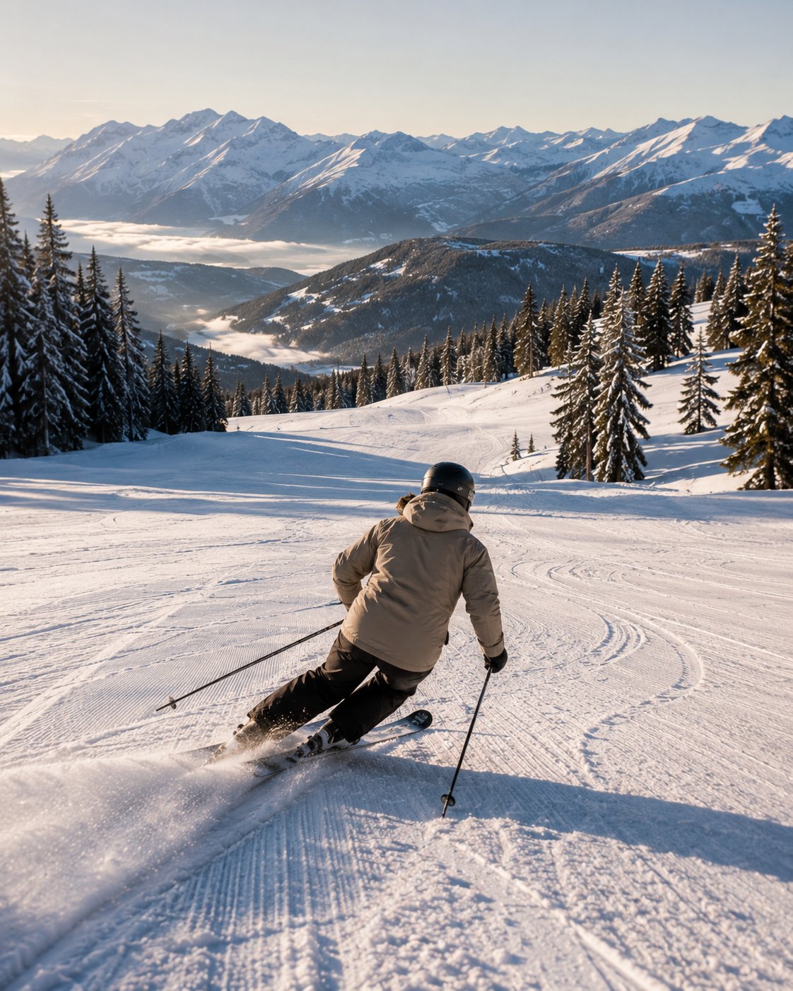 Ein Skifahrer schätzt die Piste vor der Abfahrt ein